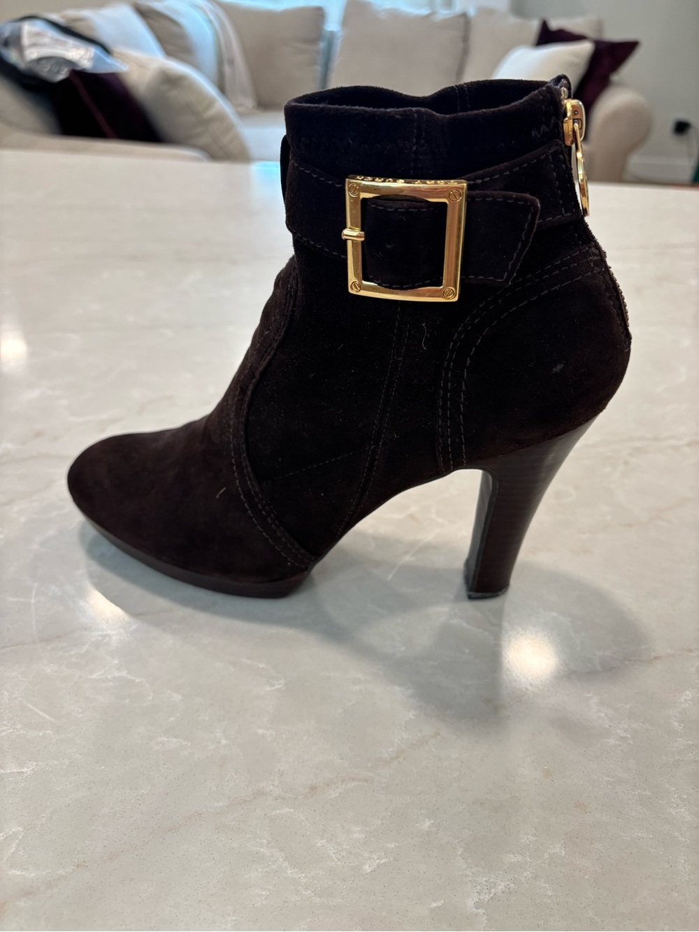 Tory Burch Black Suede Ankle Boot with Gold Buckle